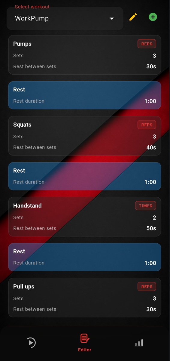 Workout editor with exercises and rest periods